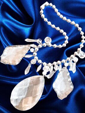 Silver Tone Glass Drop Statement Necklace Bib Chandelier Style